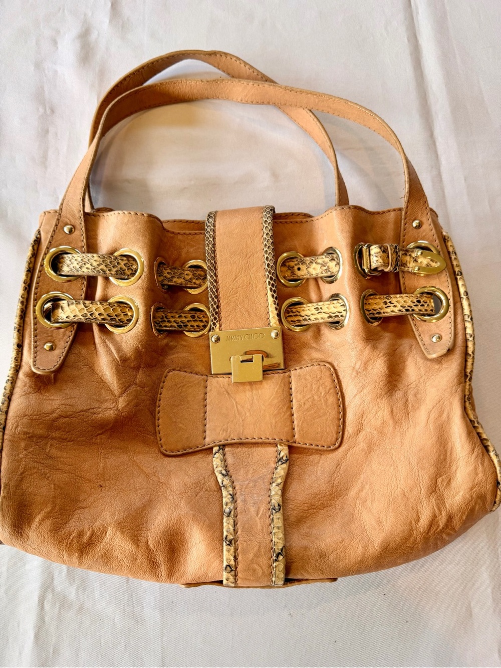 Jimmy Choo Ramone Python Beige Leather Shoulder Tote Bag Gold Hardware